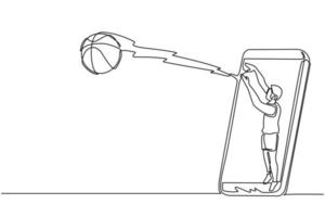 Continuous one line drawing basketball player shooting ball out of smartphone screen. Online basketball games. Smartphone applications. Mobile basketball. Single line draw design vector illustration