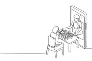 Continuous one line drawing online chess education concept. Two woman sitting at table with chessboard. Teacher shows how to play from smartphone. Single line draw design vector graphic illustration