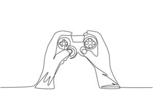 Single continuous line drawing young man hands holding video game console. Gamer holding in hand gamepad. Man playing video game. Leisure time at home. One line draw graphic design vector illustration