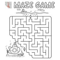 Maze puzzle game for children. Outline maze or labyrinth game with submarine. vector