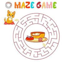 Maze puzzle game for children. Circle maze or labyrinth game with cat. vector