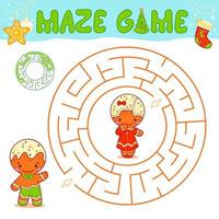 Christmas maze puzzle game for children. Circle maze or labyrinth game with Christmas Gingerbread man. vector