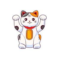 Maneki Neko is a Japanese cat with raised paws and a bag of money. Symbol of luck and wealth. Vector cartoon illustration on a white isolated background