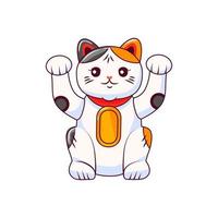 Maneki Neko is a Japanese cat with raised paws and a bag of money. Symbol of luck and wealth. Vector cartoon illustration on a white isolated background