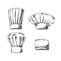 Different chef hats sketch. Baker or cooker cap, kitchener headdress. Uniform Costume Wear Element. Vector isolated hand drawn.