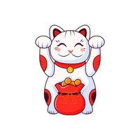 Maneki Neko is a Japanese cat with raised paws and a bag of money. Symbol of luck and wealth. Vector cartoon illustration on a white isolated background