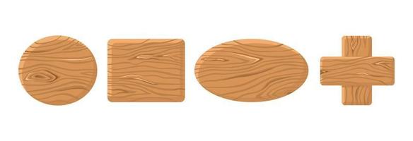 Wooden buttons different shapes set on white isolated background. Cartoon vector gui elements. Wood tablet frame.