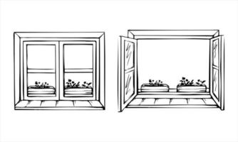 Window is open and closed sketch. Window sill with flowers. Vector hand-drawn illustration