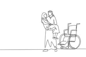 Single one line drawing loving Arab son took his old disabled mother from wheelchair carrying her in his arms. Happy senior lady in hugs of her strong child. Continuous line draw design graphic vector