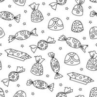 Various candy seamless pattern. Vector contour background of sweets. Coloring book.