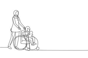 Single continuous line drawing Arabian mother with disabled daughter in wheelchair came for examination at clinic hospital. Mom helps child with disabilities. One line draw design vector illustration