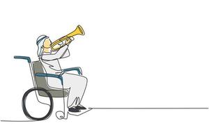 Single one line drawing Arab male in wheelchair playing trumpet during music lesson. Physically disabled. Person in hospital. Rehabilitation center patient. Continuous line draw design graphic vector