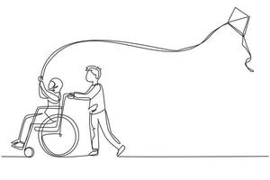 Single continuous line drawing happy child disabled concept. Hand drawn Arab boy pushing little girl in wheel chair with flying kite. Disabled has fun outside. One line draw design vector illustration