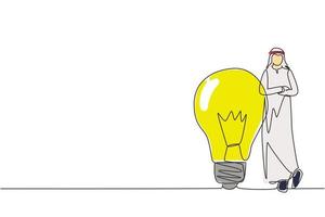 Single continuous line drawing Arab businessman leaning on giant lightbulb, business idea. Business people ideas leaning against the lamp symbol is good idea. One line draw design vector illustration