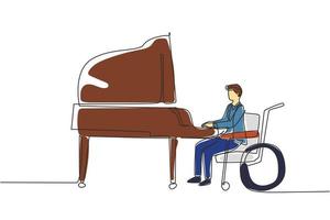 Single continuous line drawing disabled handsome man in wheelchair playing piano in concert. Disability and classical music. Physically disabled. One line draw graphic design vector illustration