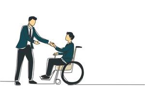 Single one line drawing disability employment, work for disabled people. Disable man sit in wheelchair shaking hand with colleague in office. Continuous line draw design graphic vector illustration