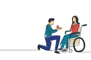 Continuous one line drawing young man stand on knee with engagement ring in hands in front of disabled woman sitting on wheelchair, loving relations, person marriage. Single line draw design vector