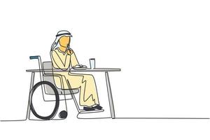 Continuous one line drawing Arabian male young wheelchair user eating food sitting at the table. Having lunch, snack in cafe. Society and disabled people. Single line draw design vector illustration