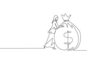 Single continuous line drawing Arabian businesswoman hugging big money bag. Financial success. Woman standing, hugging huge cash bag. Business creative idea. One line draw design vector illustration