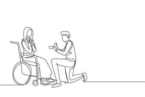 Continuous one line drawing young man stand on knee with engagement ring in hands in front of disabled woman sitting on wheelchair, loving relations, person marriage. Single line draw design vector