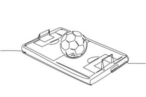 una sola línea continua dibujando un balón de fútbol sobre la pantalla del teléfono inteligente del campo de fútbol virtual. teléfono inteligente con aplicación de fútbol soccer. campeonato de transmisión de deportes móviles para jugar. vector de diseño de dibujo de una línea