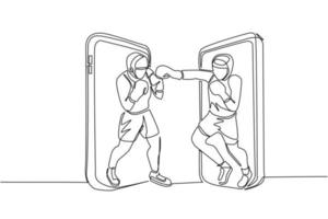 Single one line drawing boxers comes out from cellular phone ready to fight. Fighters in sportswear sparring, training. Competitive sport, single combat. Continuous line draw design graphic vector