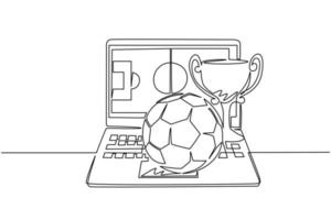 Continuous one line drawing football field on screen laptop with soccer cup and football ball. Laptop with app soccer. Online sports stream championship. Single line draw design vector illustration