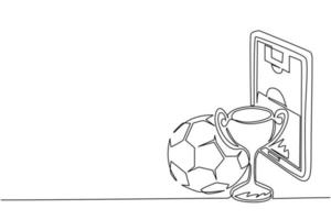 Single continuous line drawing football field on screen smartphone with soccer cup and football ball. Mobile football soccer. Mobile sports play match. One line draw graphic design vector illustration