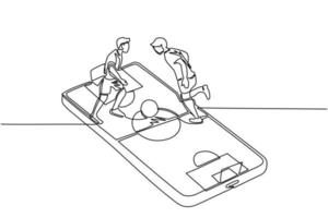 Single one line drawing two people playing football over smartphone screen. Online football game. Smartphone application. Mobile football. Continuous line draw design graphic vector illustration