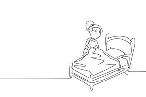 Continuous one line drawing cute girl making the bed. Kids doing housework chores at home concept. Kids routine after waking up to tidy up the bed. Single line draw design vector graphic illustration