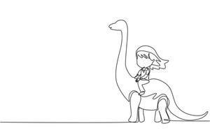 Single continuous line drawing little girl caveman riding brontosaurus. Young kid sitting on back of dinosaur. Ancient human life concept. Dynamic one line draw graphic design vector illustration
