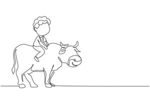 Continuous one line drawing happy little boy riding cow. Cheerful child sitting on back cow with saddle in ranch ground. Kids learning to ride cow. Single line draw design vector graphic illustration