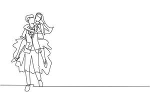 Single continuous line happy man with suit carrying and embracing woman with wedding dress. Romantic couple in love. Couple relationship celebrate wedding party. One line draw graphic design vector