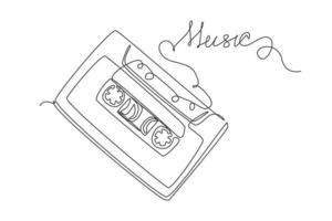 Continuous one line drawing music slogan with cassette tape illustration. Retro compact tape cassette. Vintage red audio cassette tape in doodle style isolated on white. Single line draw design vector