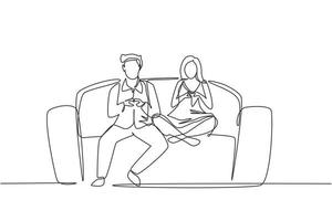 Single continuous line drawing young family couple sitting on sofa playing computer games on gaming console and watching tv set. Home leisure spare time. Dynamic one line draw graphic design vector