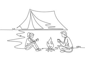 Single continuous line drawing camping or hiking couple around campfire tents. Man woman sitting on ground and drinking hot tea getting warm near bonfire. One line draw design vector illustration