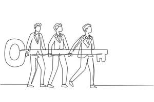 Single continuous line drawing problem solving team of business man with a key solution concept. Businessmen carry big golden key. Build creative people world collection. One line draw design vector