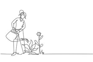 Single one line drawing lovely young woman or gardener taking care of home garden, watering houseplants growing in greenhouse with watering can. Continuous line draw design graphic vector illustration