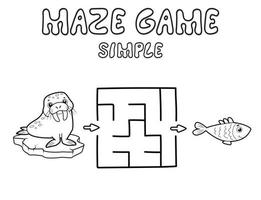 Simple Maze puzzle game for children. Outline simple maze or labyrinth game with walrus. vector