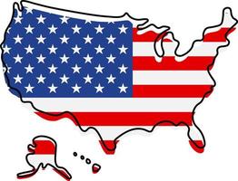 Stylized outline map of America with national flag icon. Flag color map of USA vector illustration.