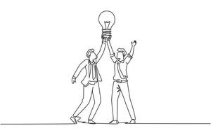 Single continuous line drawing goal achievement, winning, teamwork, business. Team businessman holding light bulb. Successful trouble solution idea creation. One line draw design vector illustration