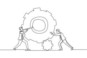 Single continuous line drawing two businessmen help each other pushing big cog. People push gear, team of business tech holding gear collaboration solution. One line draw design vector illustration