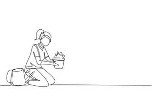 Continuous one line drawing happy girl taking care of houseplants growing in planters. Young cute woman cultivating potted plants at home. Female enjoying her hobby. Single line draw design vector