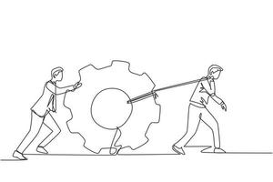 Single one line drawing business men pulling large gear on rope. Business leader help team pull cog, businessman push gear, business concept. Continuous line draw design graphic vector illustration