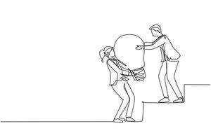 Single continuous line drawing woman helping man to lifting light bulb at stairs. Business idea, teamwork, goal achievement, solution, success, winner concept. One line draw design vector illustration