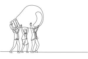 Continuous one line drawing concept of joint teamwork, building business team. Men women hold and lift light bulb. Idea generation, creative search. Single line draw design vector graphic illustration