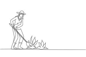una mujer de dibujo de una sola línea continua desentierra el suelo con una pala. plantar, cultivar hortalizas. el cuidado del jardín. agricultura, ganadería. Ilustración de vector de diseño gráfico de dibujo de una línea dinámica