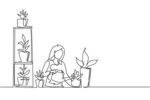 Continuous one line drawing woman is watering plants, caring for greens. Hobby, low-waste lifestyle, eco-friendly thinking. Home garden. Garden on balcony. Single line draw design vector illustration