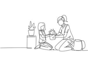 Single continuous line drawing happy mom and her daughter gardening. Having hobby with kid. Mom and baby girl plant flowers. Idea of happy motherhood and childhood. One line draw graphic design vector