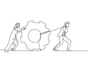 Single continuous line drawing Arabian business men pulling large gear on rope. Business leader help team pull cog, businessman push gear, business concept. One line draw design vector illustration